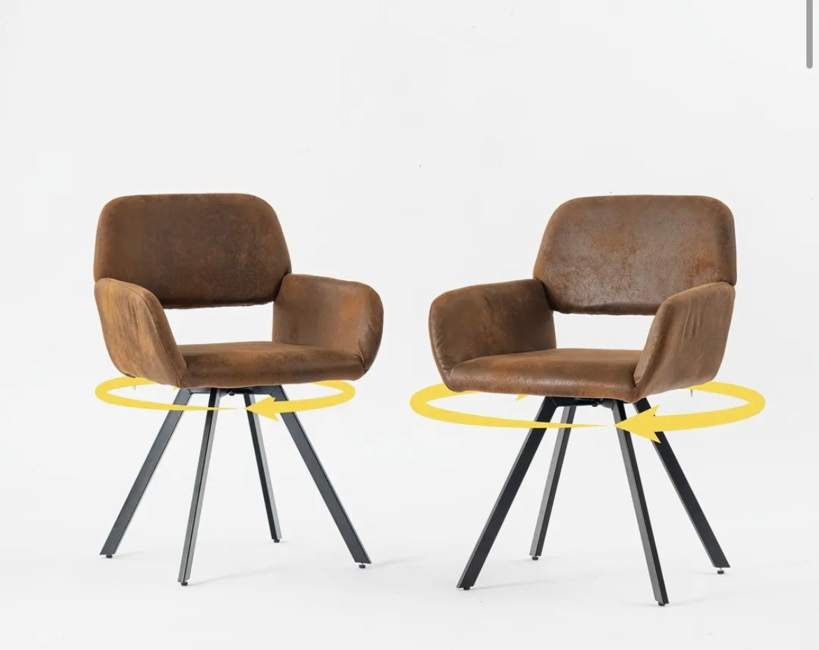 Cotswolds Brown Vintage Style Set of 2 Swivel Dining Chairs, Upholstered Faux Leather Armchair, 360° Rotation,