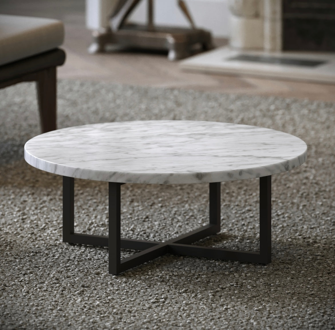 GREY MARBLE ROUND COFFEE TABLE WITH BLACK LEGS