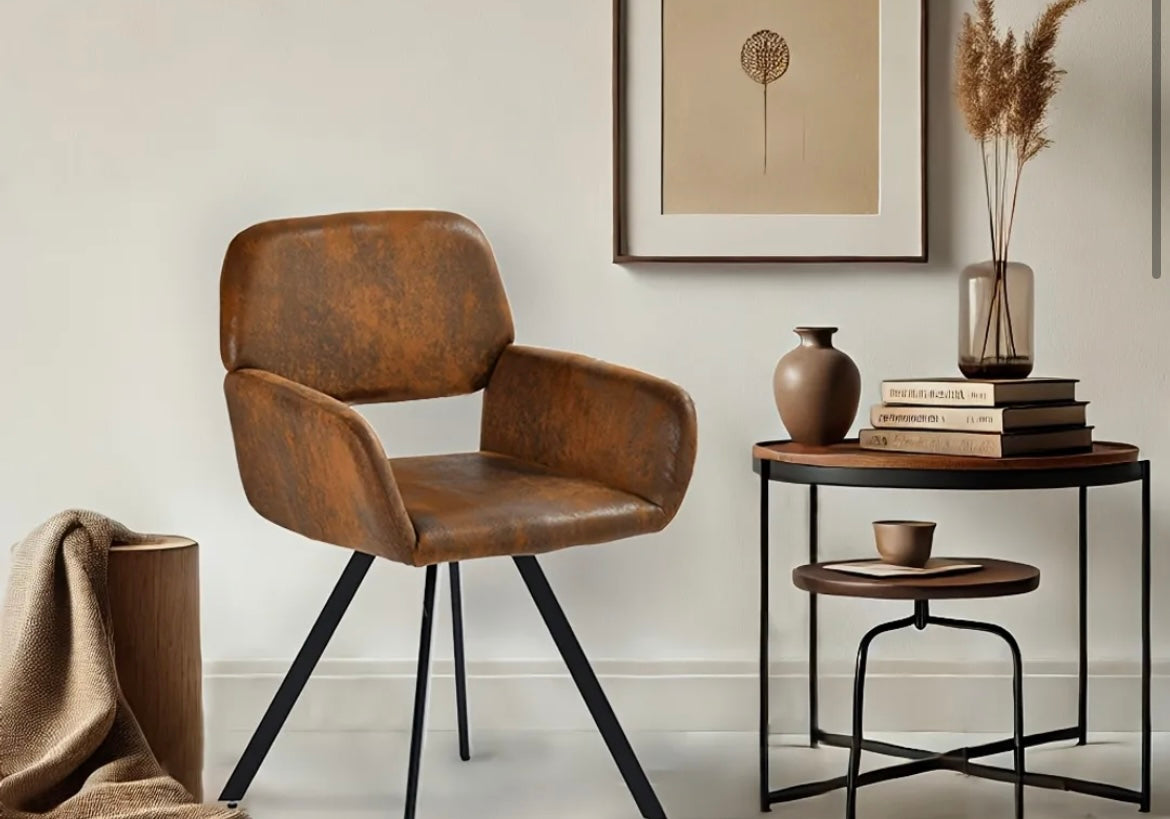 Cotswolds Brown Vintage Style Set of 2 Swivel Dining Chairs, Upholstered Faux Leather Armchair, 360° Rotation,