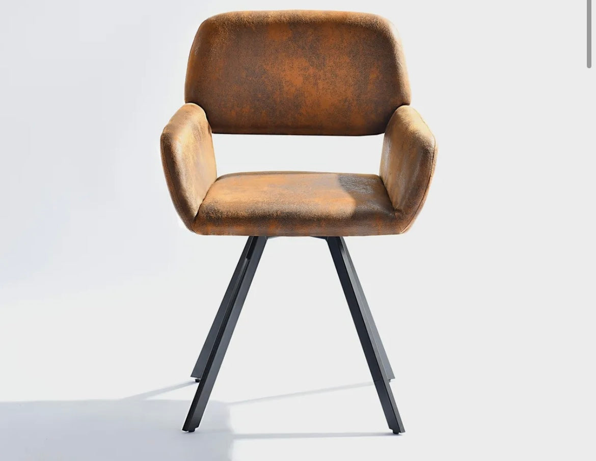 Cotswolds Brown Vintage Style Set of 2 Swivel Dining Chairs, Upholstered Faux Leather Armchair, 360° Rotation,