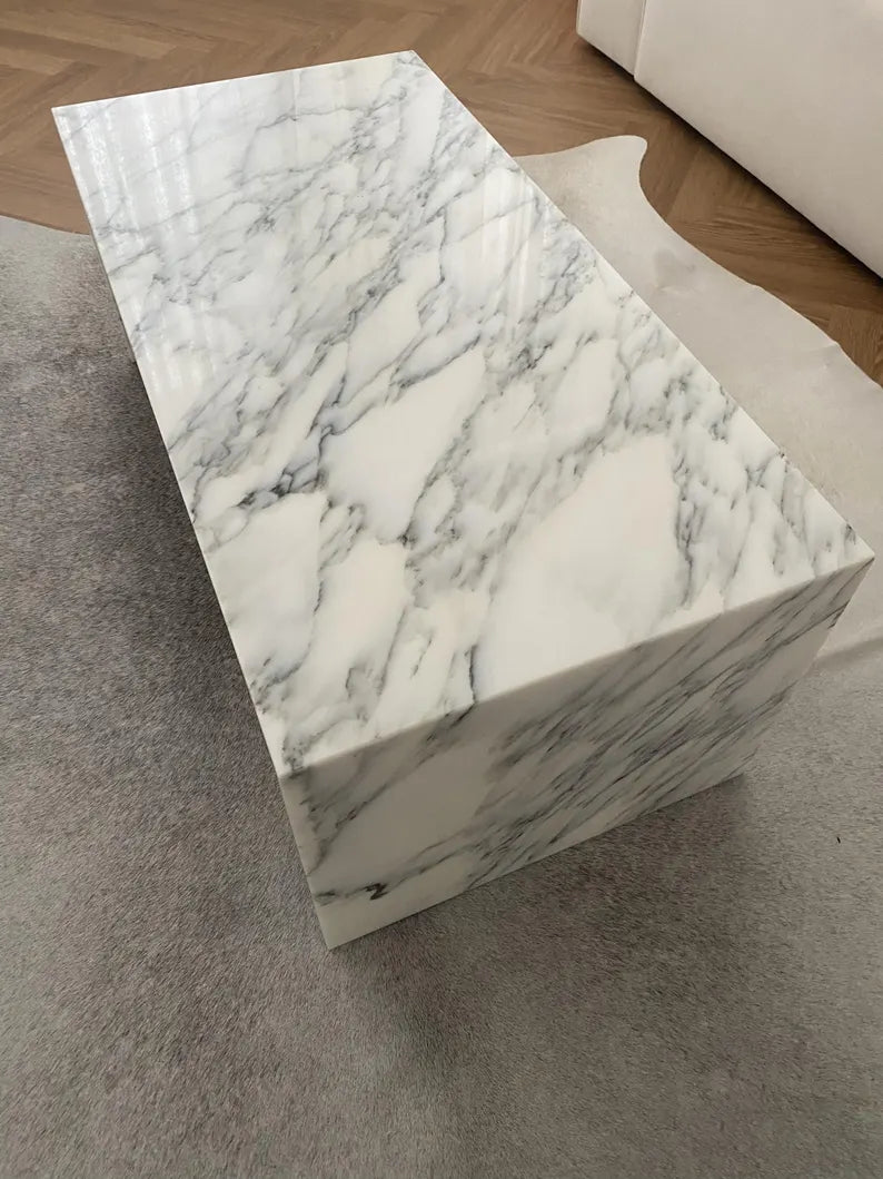 Handcrafted Carrara Marble Modern Rectangle Stone Coffee Table