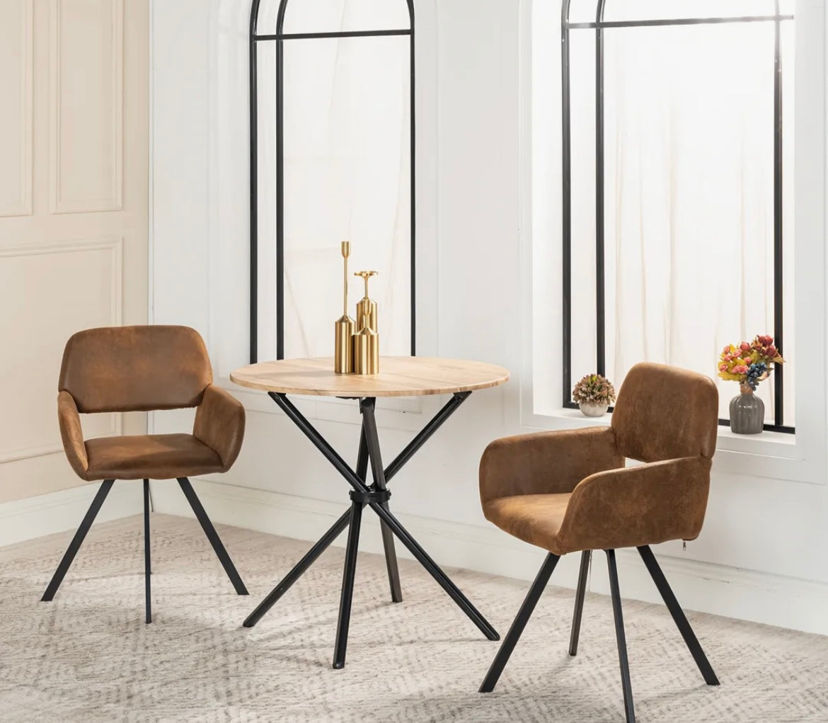 Cotswolds Brown Vintage Style Set of 2 Swivel Dining Chairs, Upholstered Faux Leather Armchair, 360° Rotation,