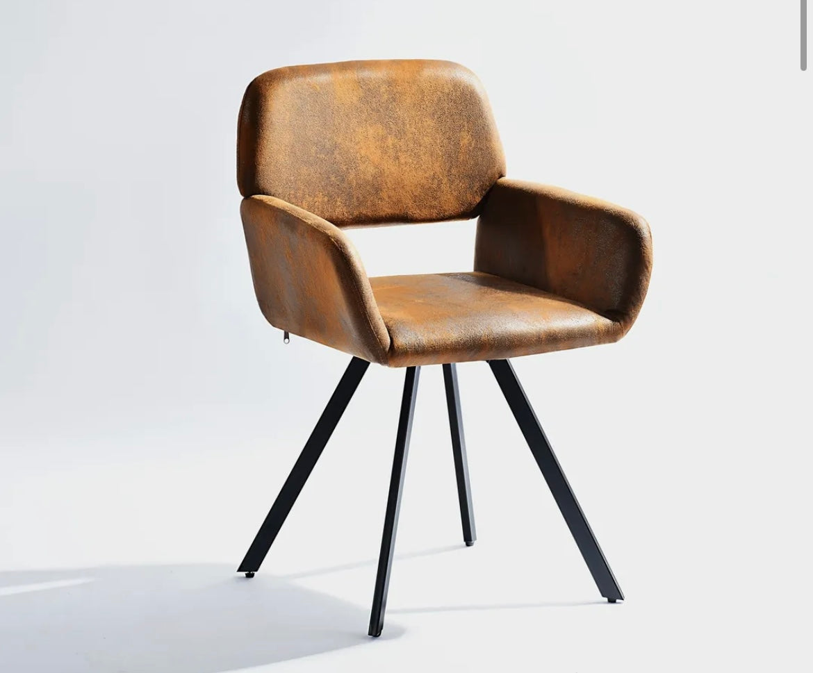 Cotswolds Brown Vintage Style Set of 2 Swivel Dining Chairs, Upholstered Faux Leather Armchair, 360° Rotation,