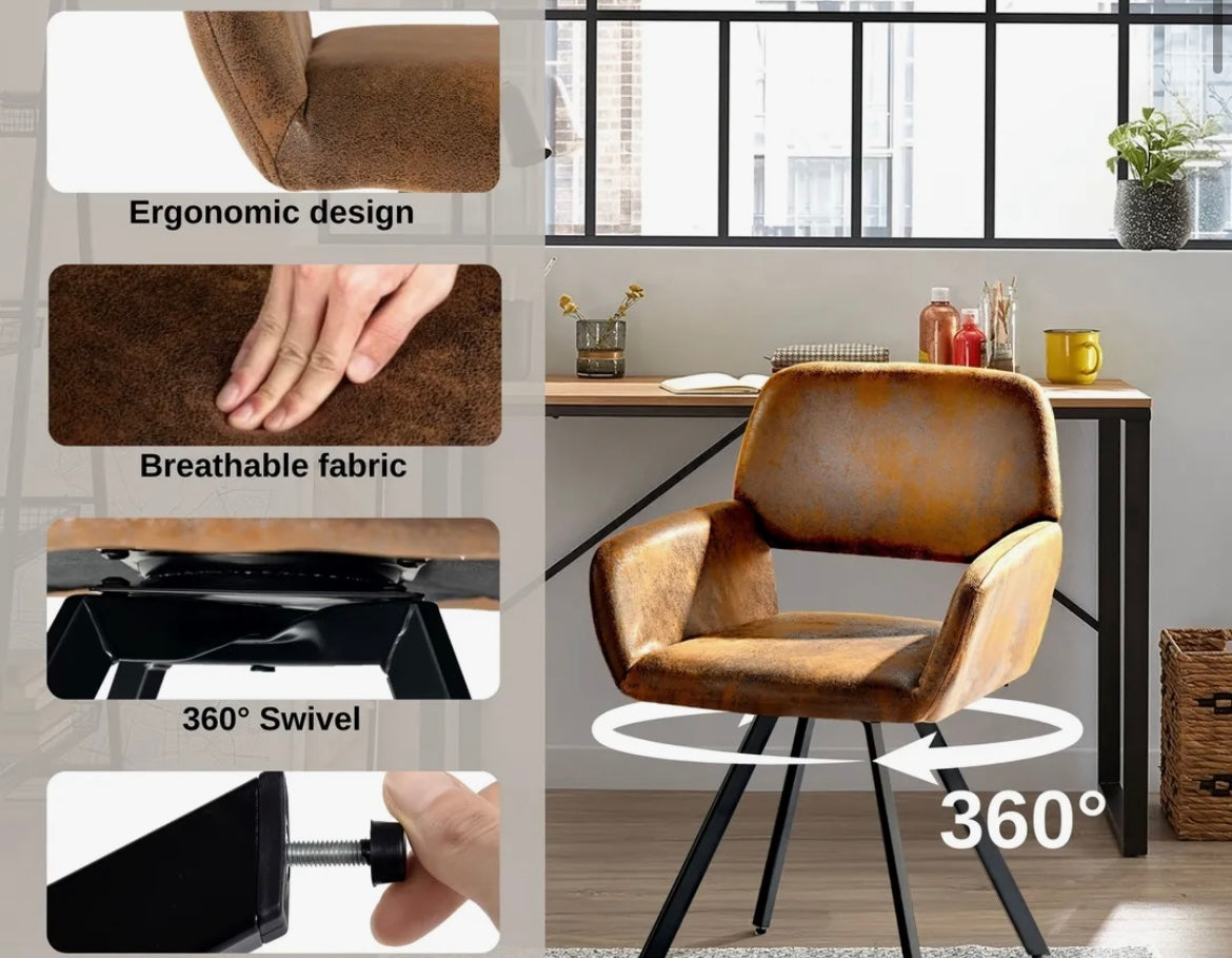 Cotswolds Brown Vintage Style Set of 2 Swivel Dining Chairs, Upholstered Faux Leather Armchair, 360° Rotation,
