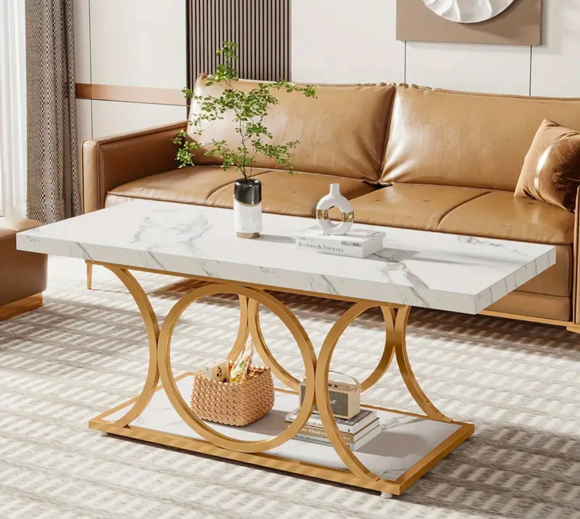 Cotswolds Rectangle Coffee Table 2-Tier Faux Marble With Geometric Metal Legs With Shelf (White And Gold)