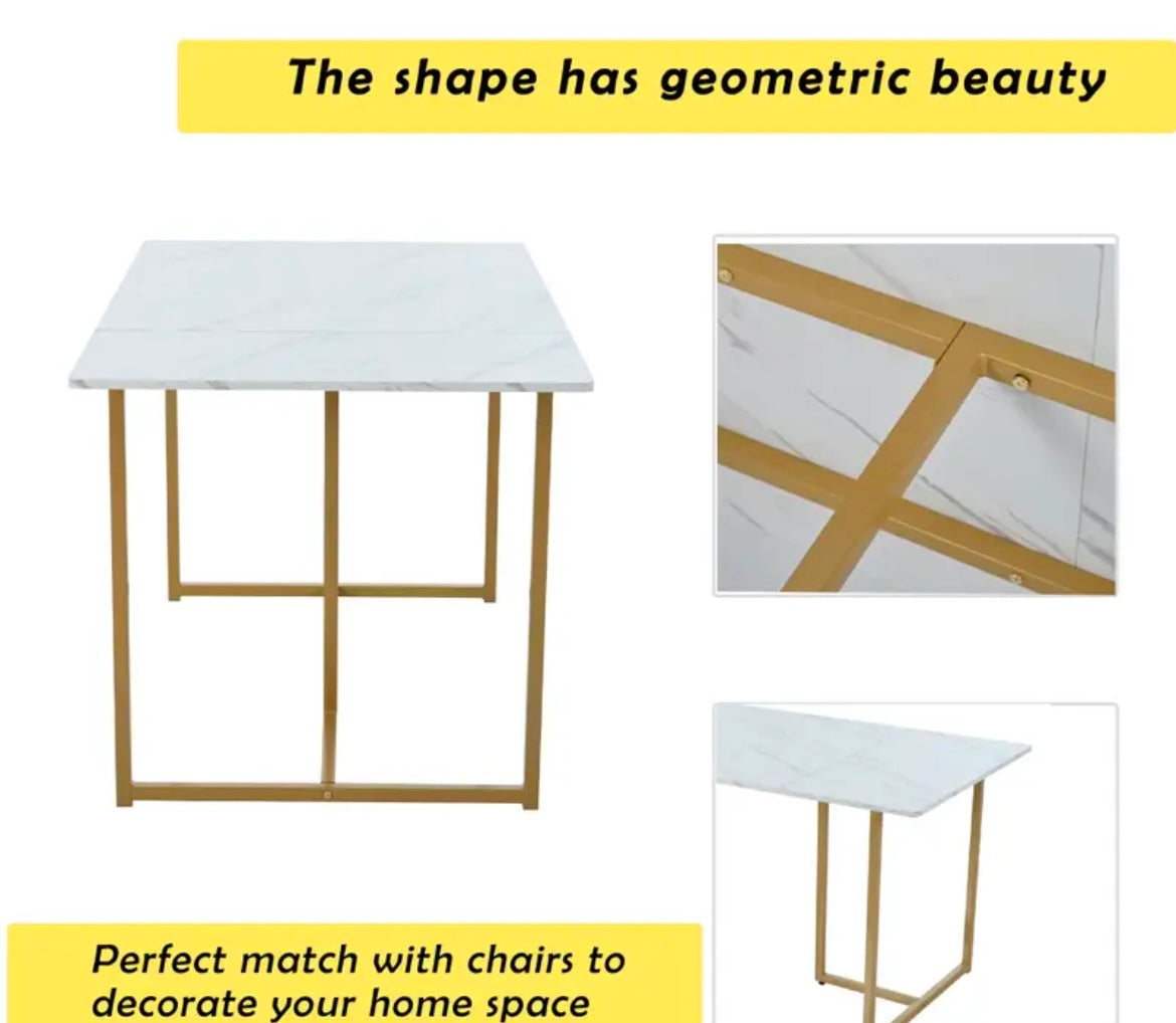 140 x 80 x 75cm Rectangular Modern Marble Style Dining Table, L-shaped Support Legs White/ Golden