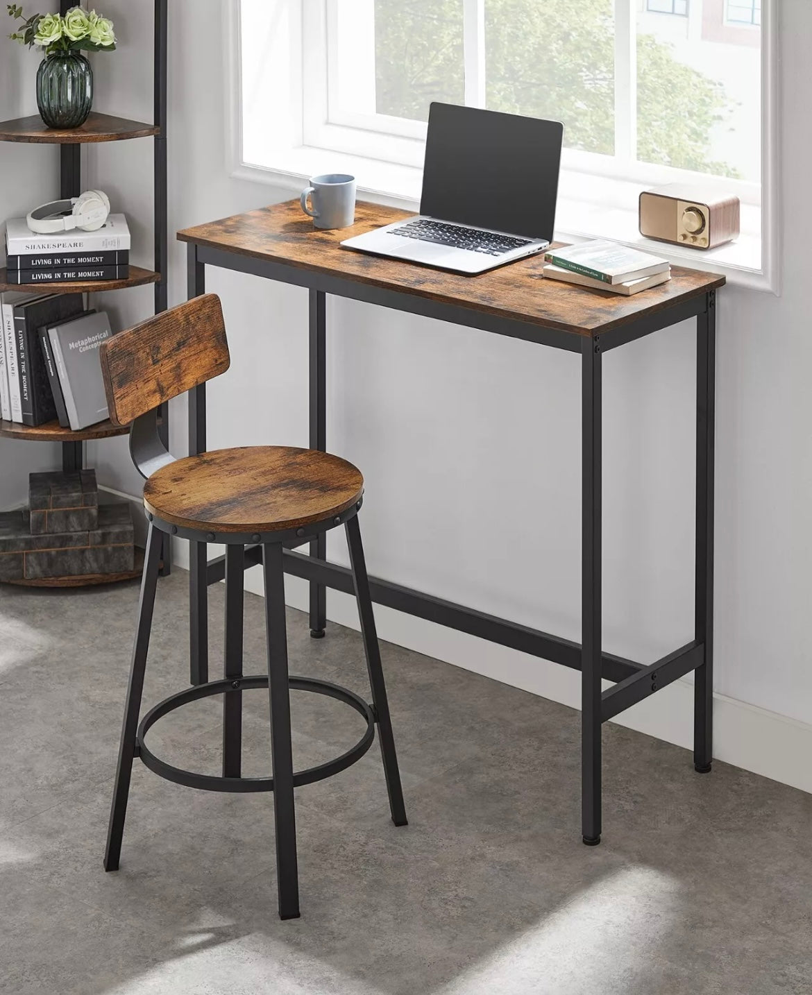 Classic Bar Stools, Kitchen Stools Set of 2 High Back Rustic Brown Wood with Black Legs