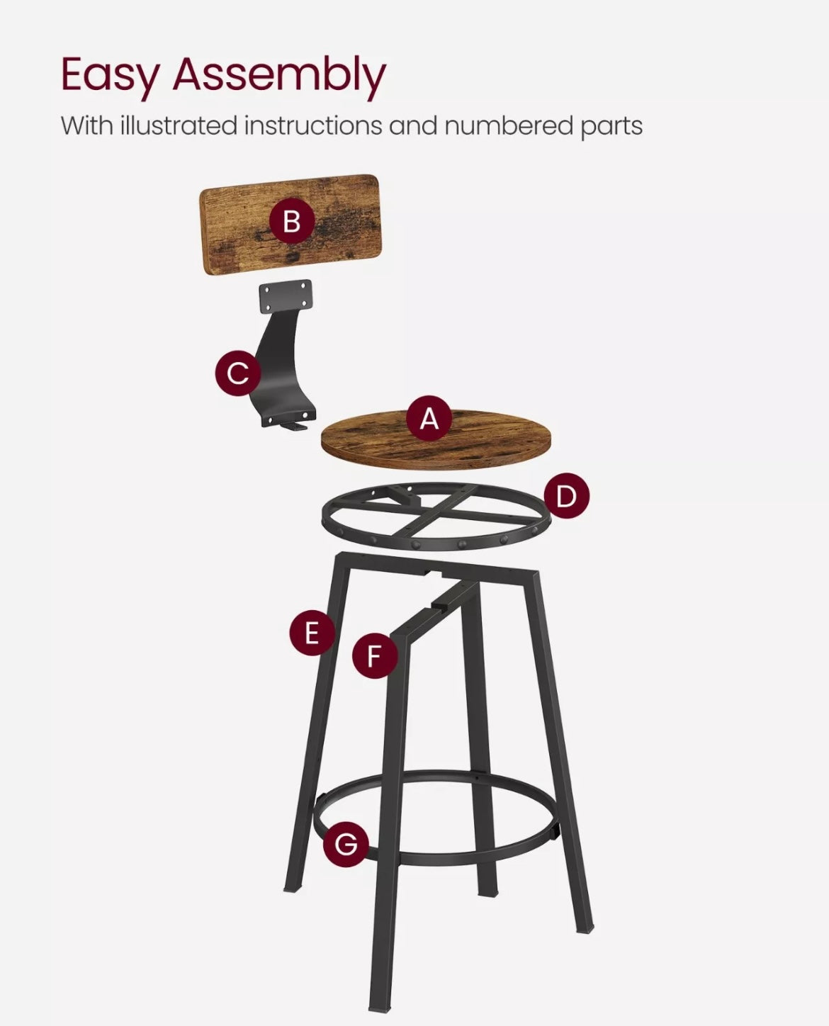 Classic Bar Stools, Kitchen Stools Set of 2 High Back Rustic Brown Wood with Black Legs