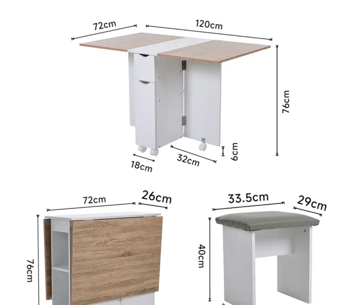 White Compact Folding Kitchen Rolling  Dining Table with Storage Drawers