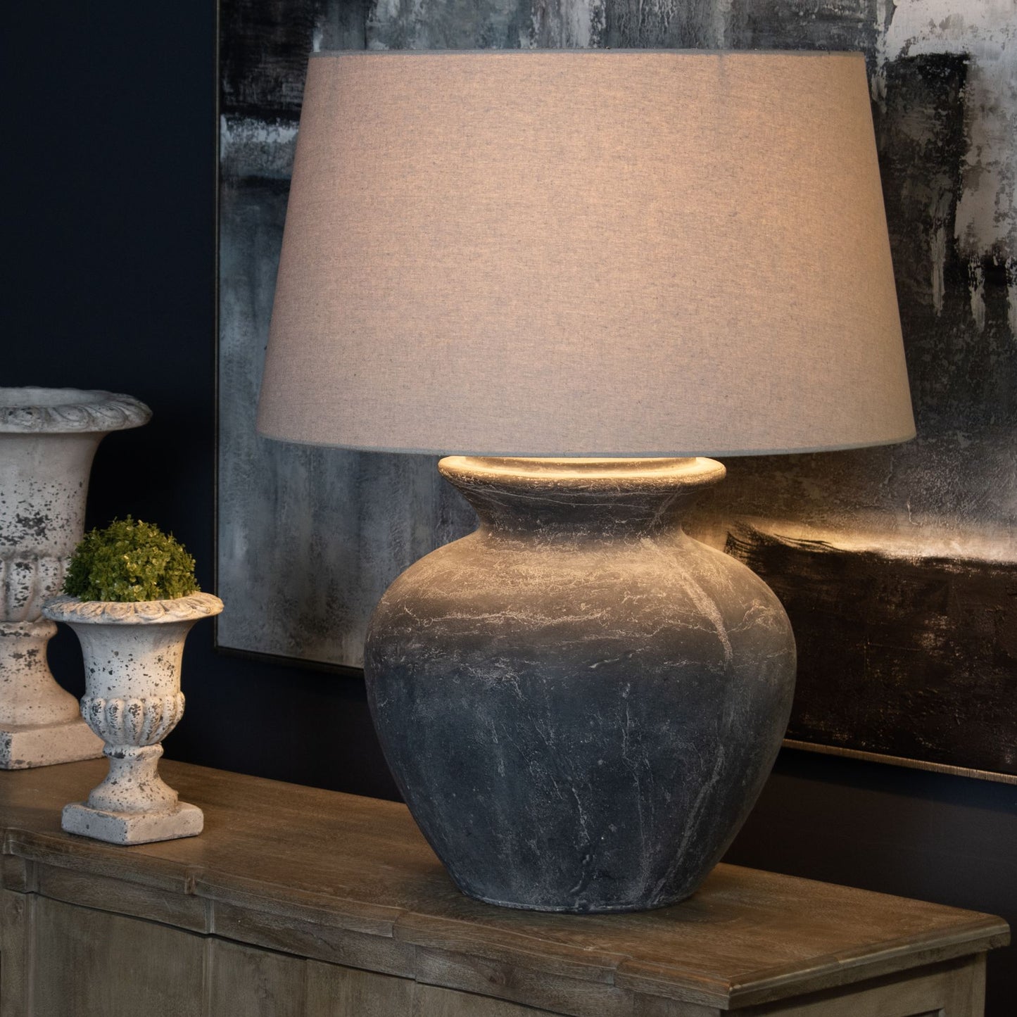 Alma Grey Round Table Lamp With Linen Shade