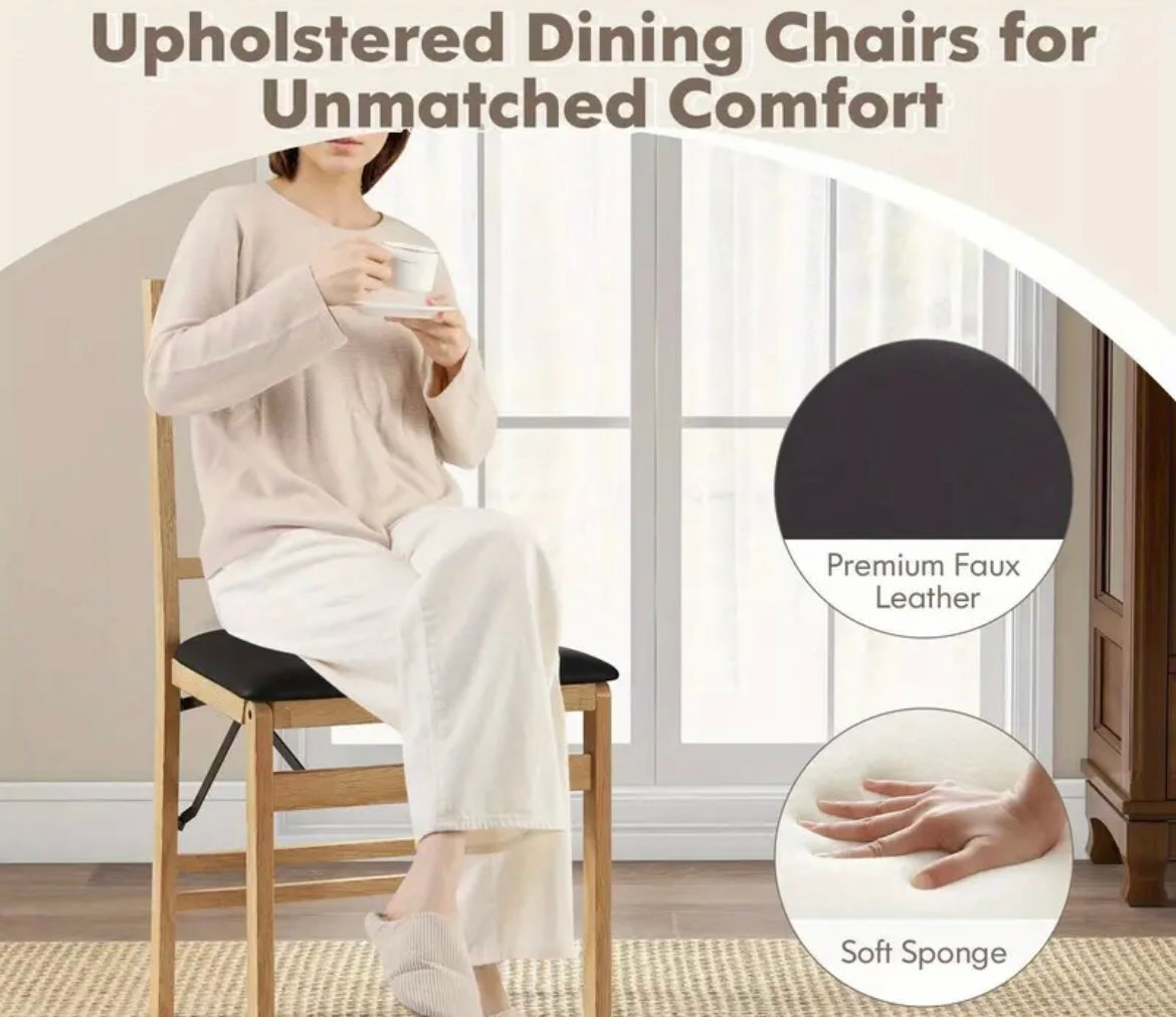 Folding Light Wood Dining Chair Set of 2 Foldable Black Upholstered Space Saving Kitchen Dining Chairs