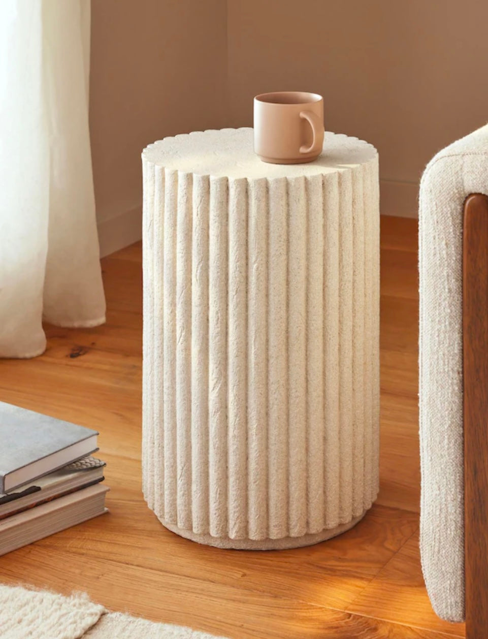 Modern Cream Stone Ribbed Side Table, Living Room End Table