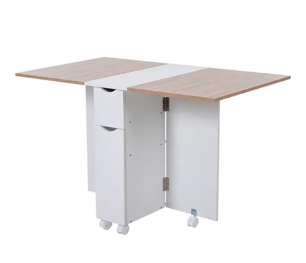 White Compact Folding Kitchen Rolling  Dining Table with Storage Drawers