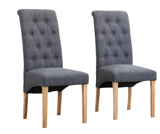 Set of 2 Grey Lined Fabric Dining Chairs Roll Top Scroll High Back