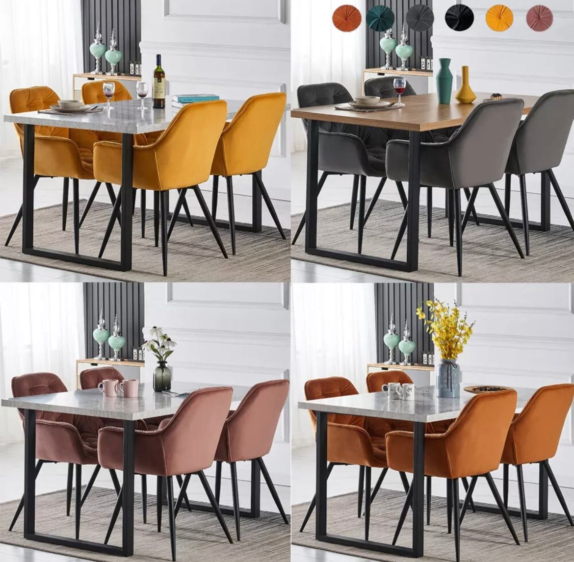 1.5M White Dining Table and Velvet Chairs Set of 4, Padded Chairs Home Kitchen UK