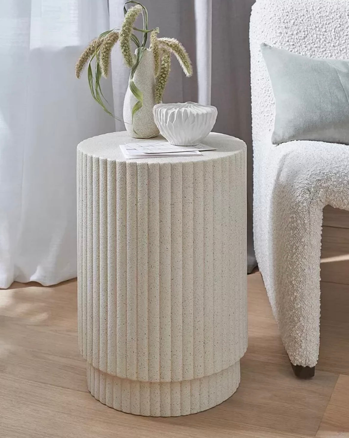 Modern Cream Stone Ribbed Side Table, Living Room End Table