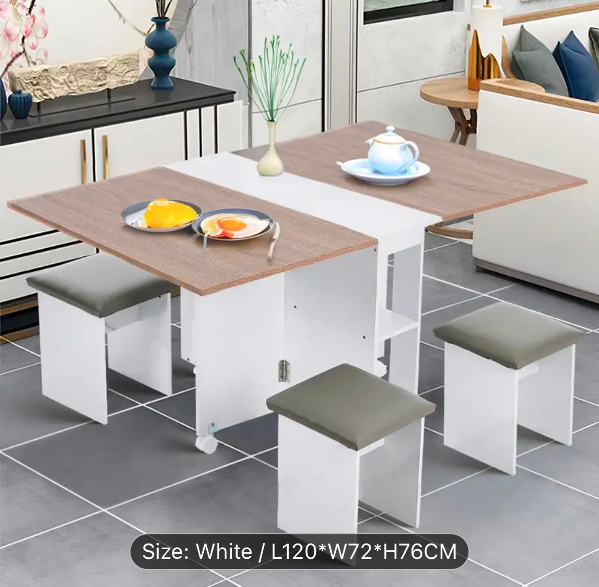 White Compact Folding Kitchen Rolling  Dining Table with Storage Drawers