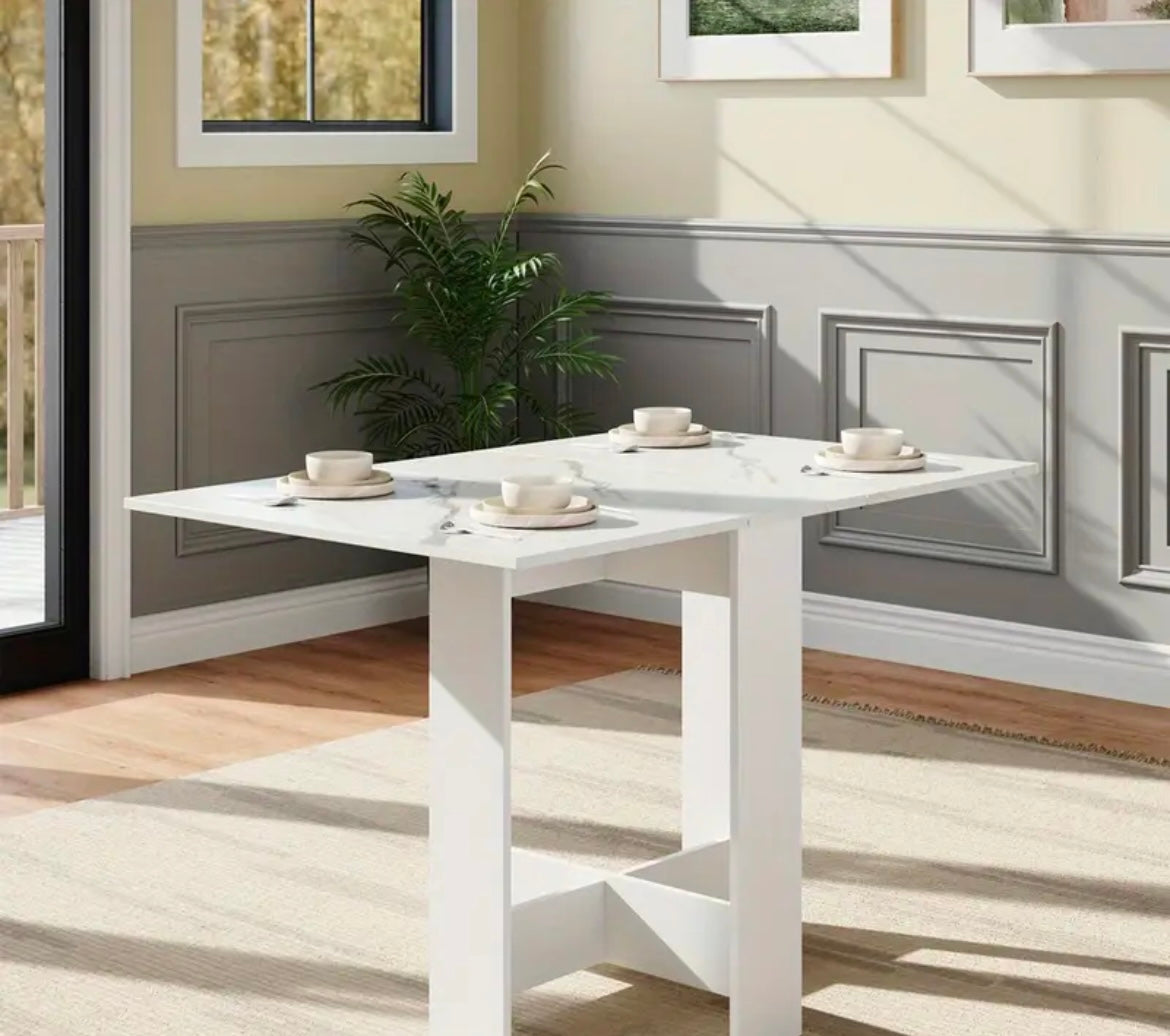 Folding Drop Dining Table for Small Spaces for Kitchen Dining Room, White Marble