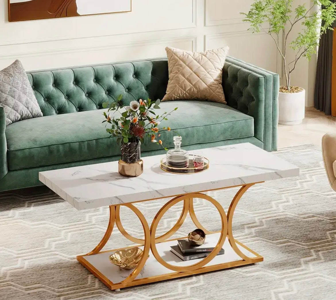 Cotswolds Rectangle Coffee Table 2-Tier Faux Marble With Geometric Metal Legs With Shelf (White And Gold)