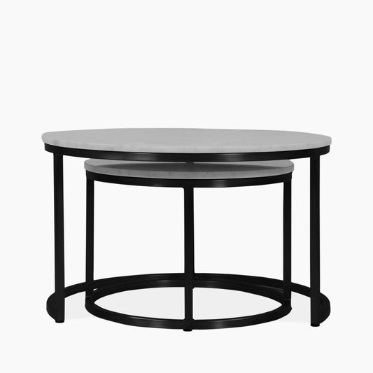 Set of Two Round Marble Top Nesting Tables with Black Round Base