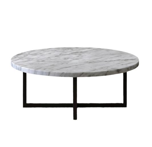 GREY MARBLE ROUND COFFEE TABLE WITH BLACK LEGS
