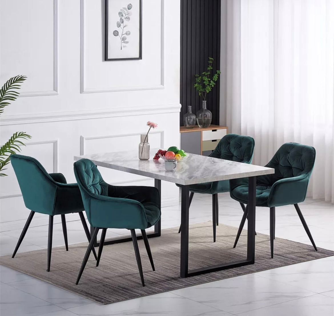 1.5M White Dining Table and Velvet Chairs Set of 4, Padded Chairs Home Kitchen UK