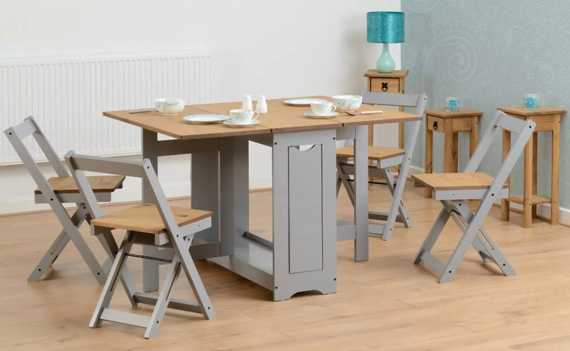 Cotswolds Folding Drop Leaf Butterfly Dining Set Table Set of 4 Grey Dining Chairs, Waxed Pine