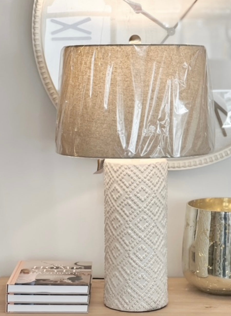 White Beaded Ceramic Lamp With Linen Shade