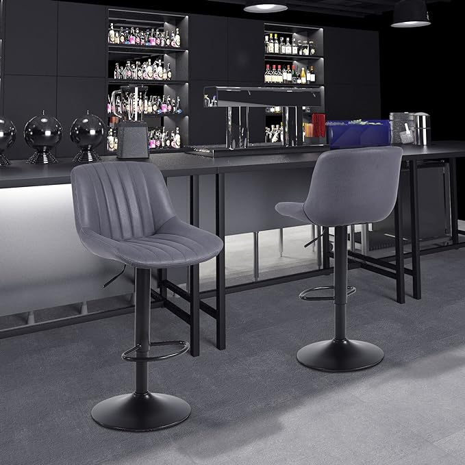 Grey Swivel Counter Height Barstools with Back, Adjustable PU Leather Bar Stool