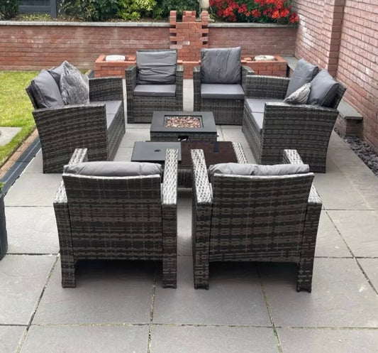 Cotswolds Large 8-Piece Rattan Patio GardenFurniture Set with Fire Pit