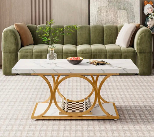 Cotswolds Rectangle Coffee Table 2-Tier Faux Marble With Geometric Metal Legs With Shelf (White And Gold)