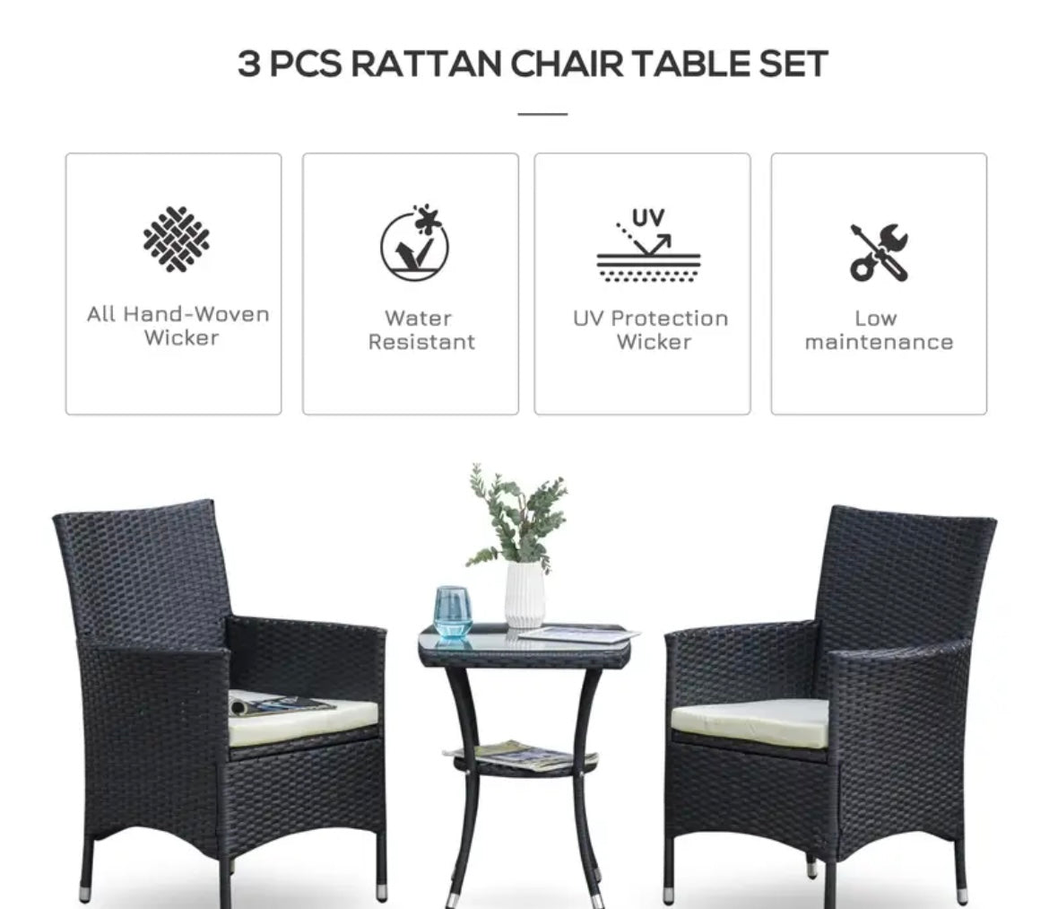 Basic Garden Outdoor Rattan Furniture Bistro Set 3 PCs Patio Weave Companion Chair Table Set Conservatory