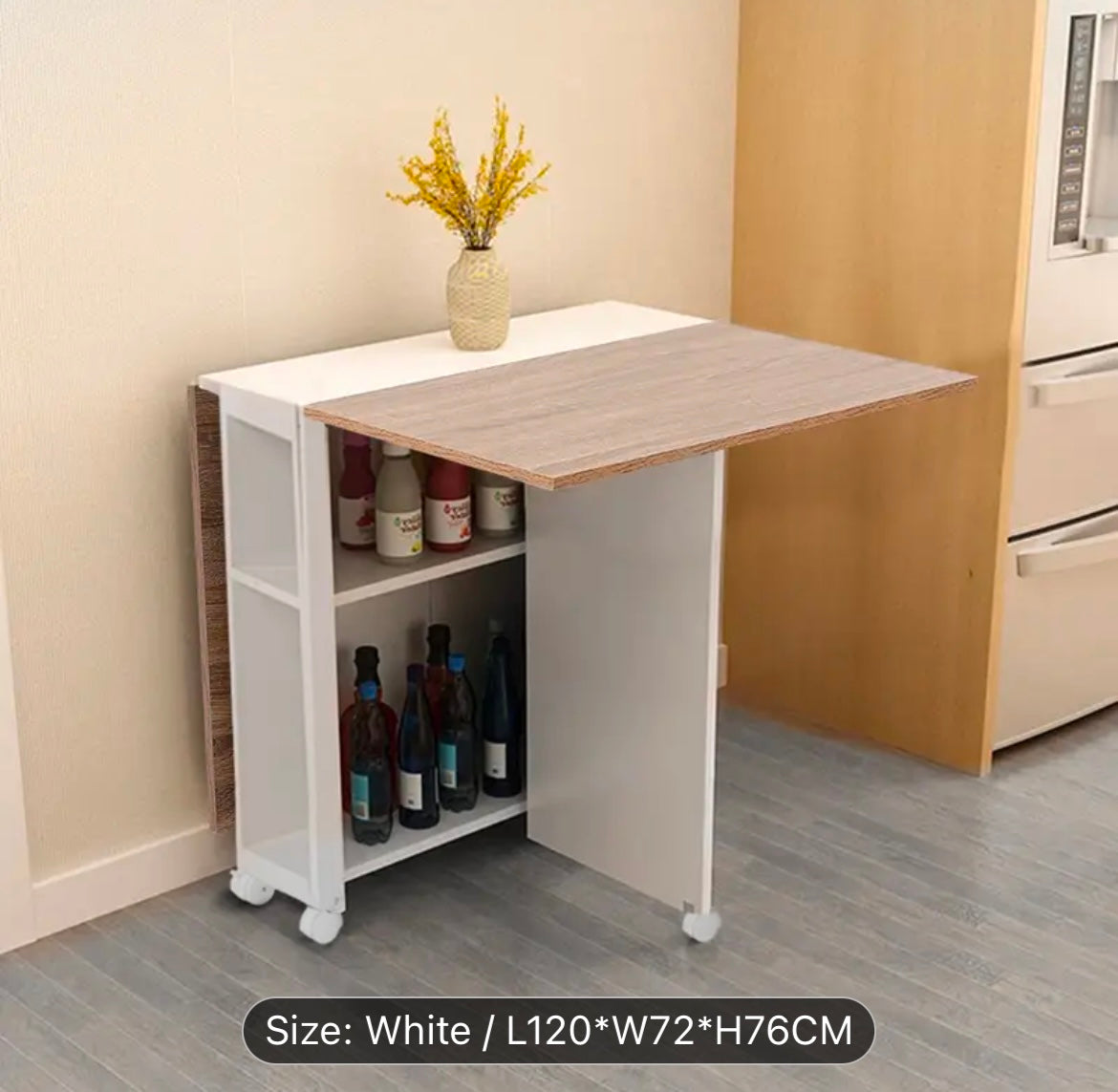 White Compact Folding Kitchen Rolling  Dining Table with Storage Drawers