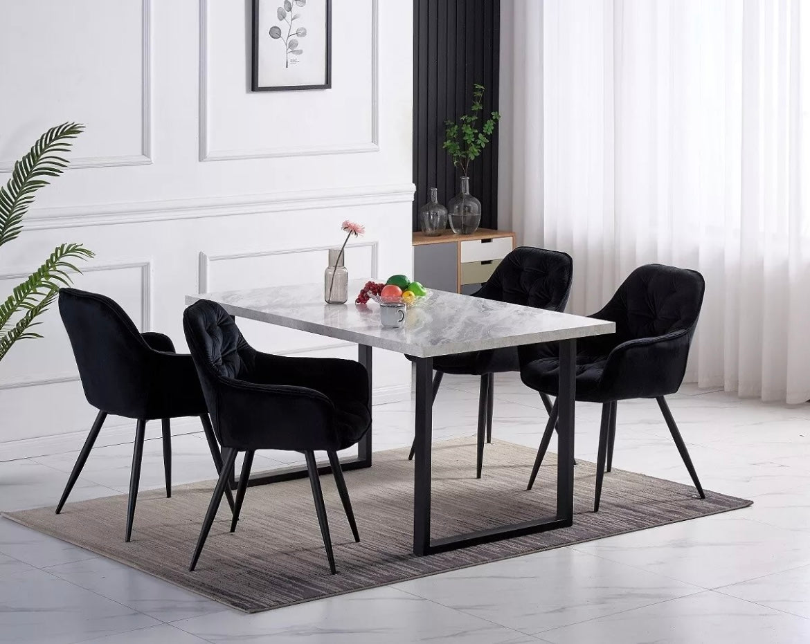 1.5M White Dining Table and Velvet Chairs Set of 4, Padded Chairs Home Kitchen UK