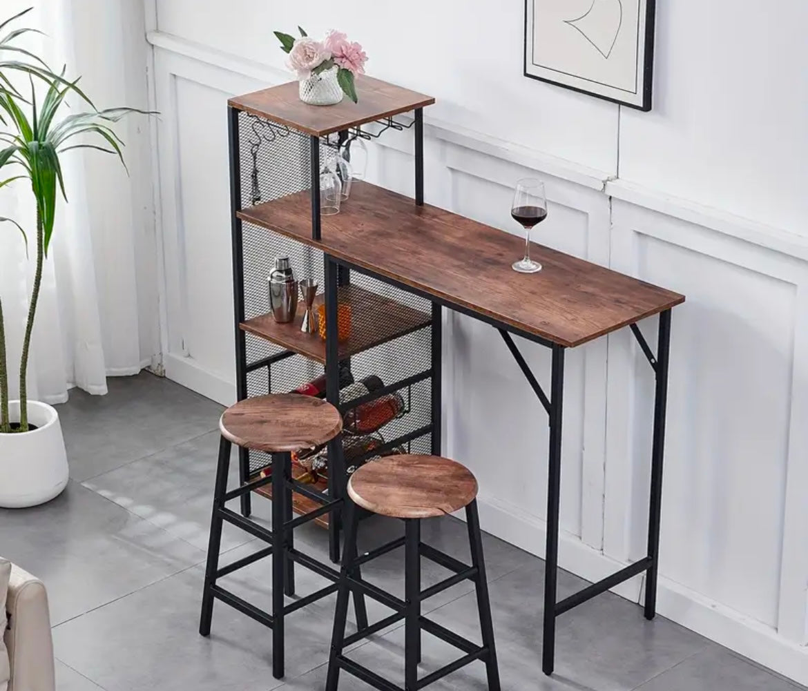 Kitchen Bar Dining Table And Stools Set Of 2, Breakfast Counter Height Space-saving Wood Tabletop Metal Frame Home Apartment