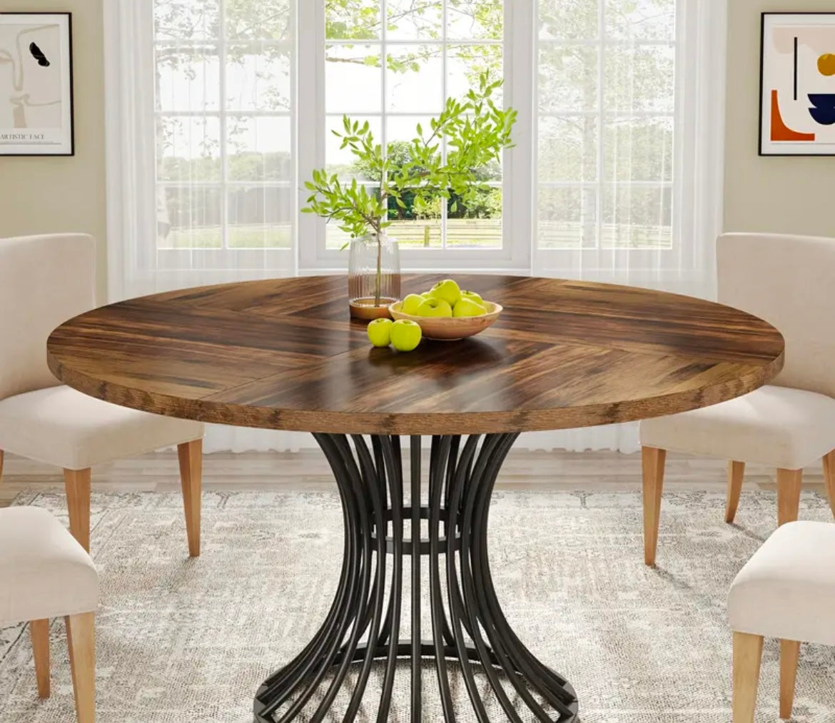 Cotswolds 4 Seat, Round Rustic Brown Dining Table with Metal Spiral Base