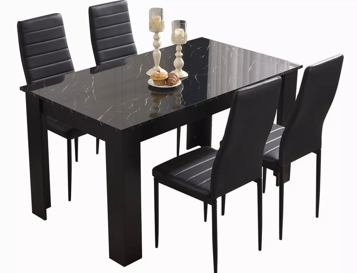 Modern Black Dining Table with Set of 6 Black Leather Dining Chairs