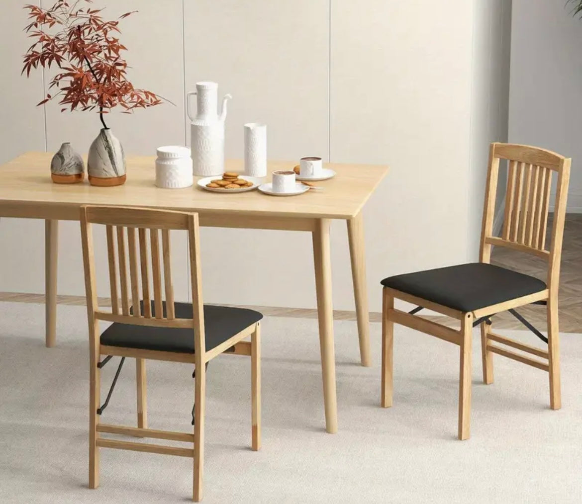 Folding Light Wood Dining Chair Set of 2 Foldable Black Upholstered Space Saving Kitchen Dining Chairs