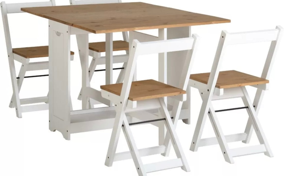 Folding Drop Dining Set Table, Set of 4 White Dining Chairs, Waxed Pine