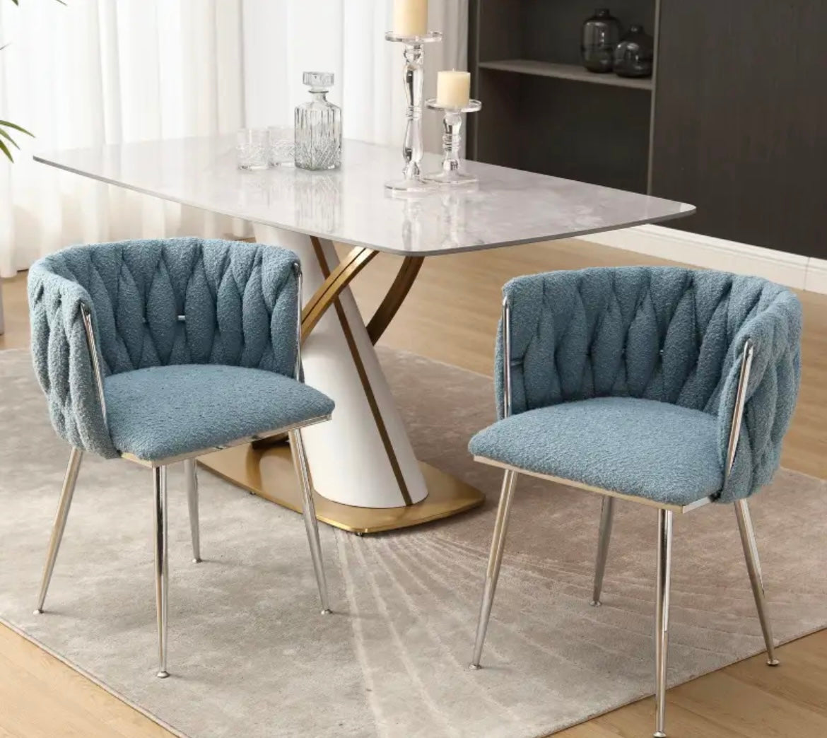 Hand Weaving Dining Chairs Set of 2, Boucle Upholstered Side Chairs with Silvery Legs Light Blue