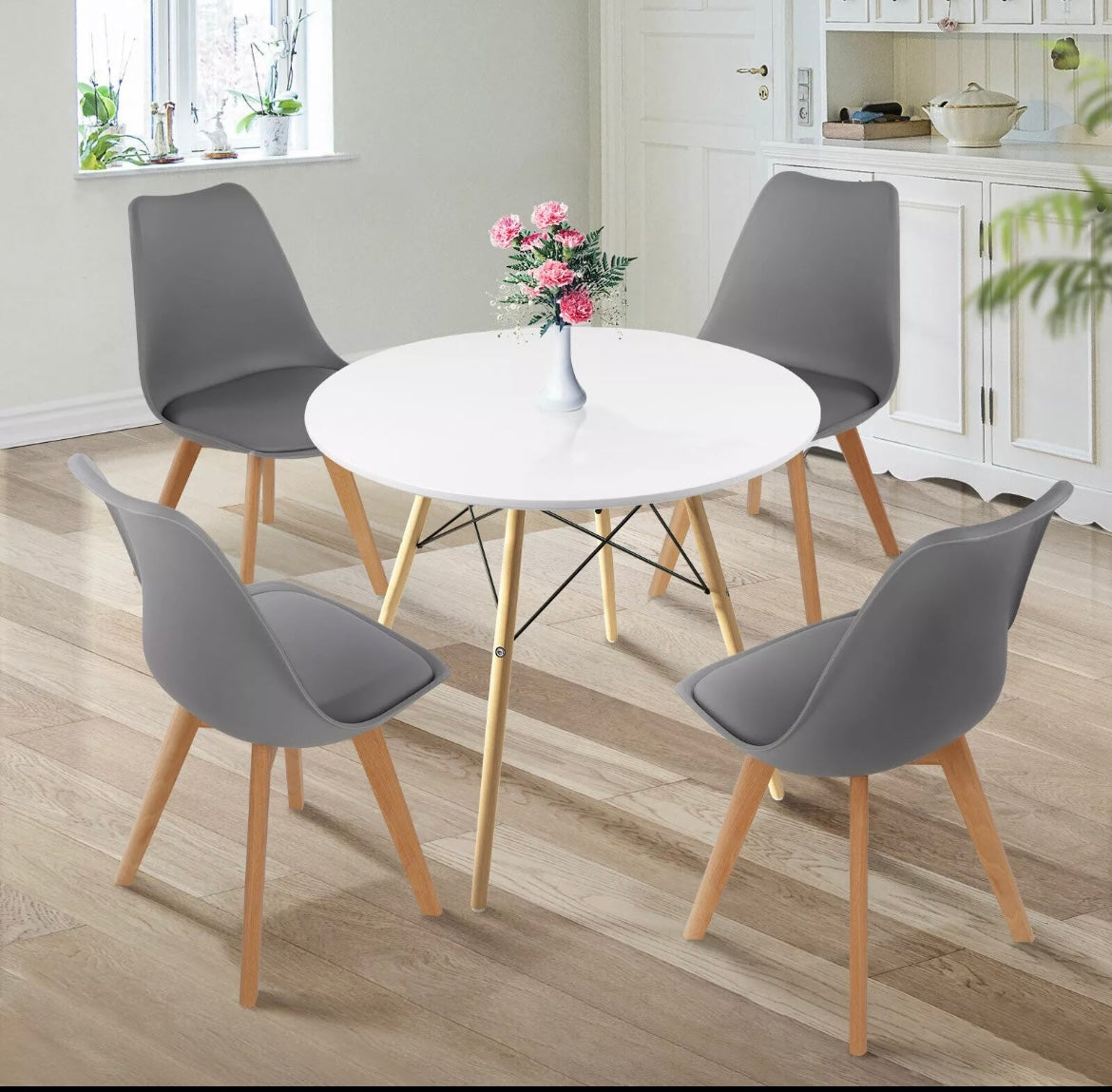 80CM Round Dining Table + Tulip Chairs Sets, Wooden Legs Dining Set Home Furniture