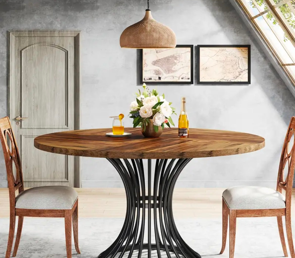 Cotswolds 4 Seat, Round Rustic Brown Dining Table with Metal Spiral Base