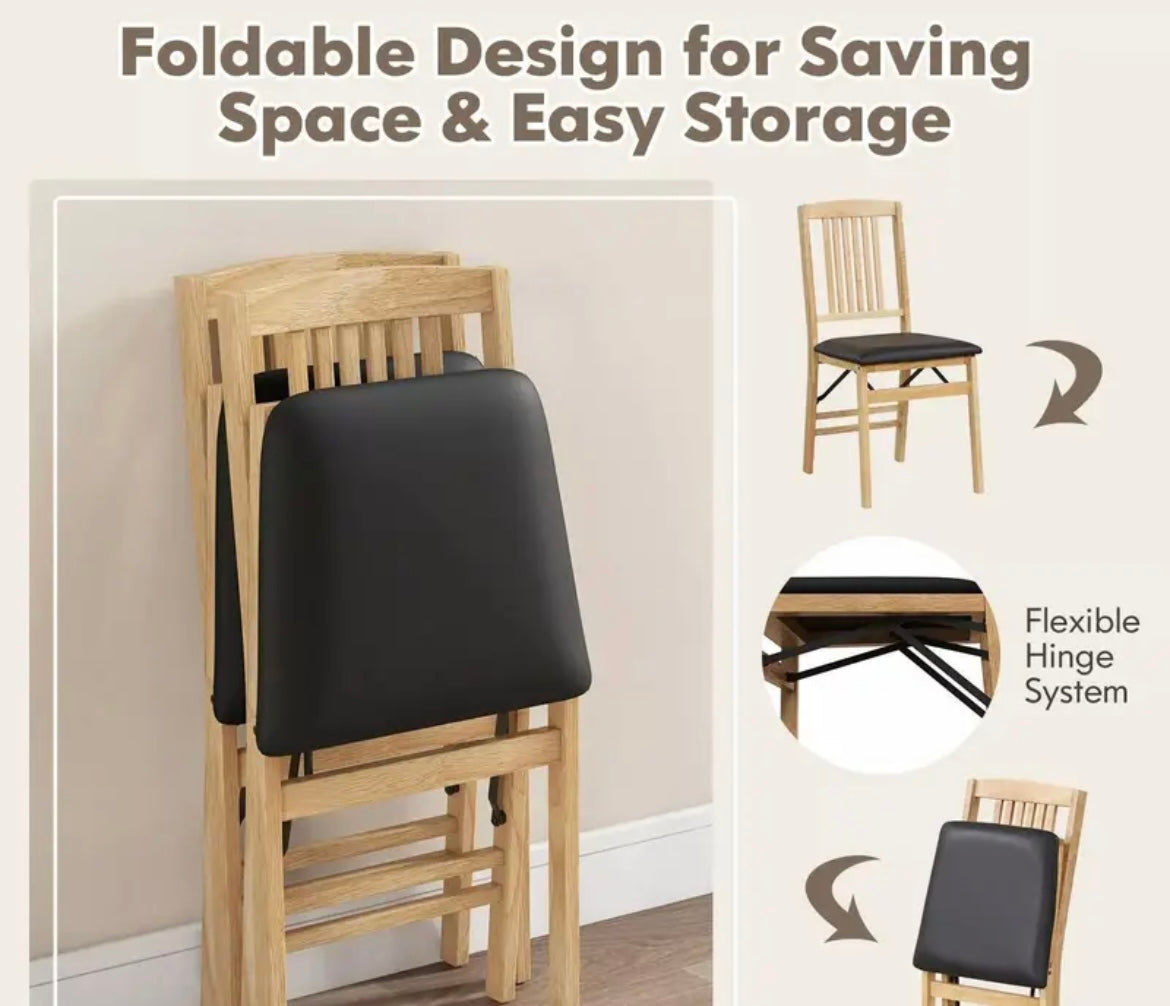 Folding Light Wood Dining Chair Set of 2 Foldable Black Upholstered Space Saving Kitchen Dining Chairs