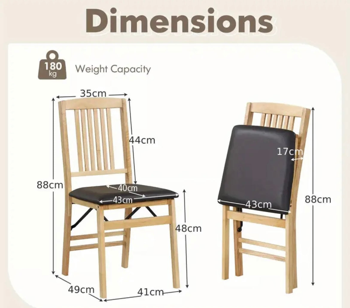 Folding Light Wood Dining Chair Set of 2 Foldable Black Upholstered Space Saving Kitchen Dining Chairs