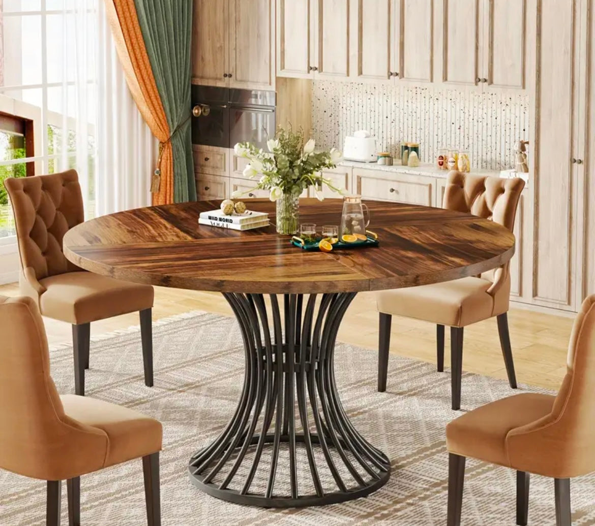 Cotswolds 4 Seat, Round Rustic Brown Dining Table with Metal Spiral Base