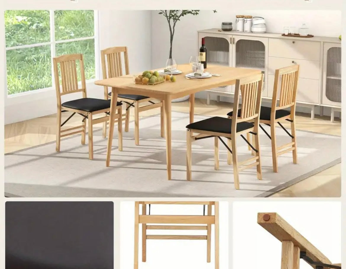 Folding Light Wood Dining Chair Set of 2 Foldable Black Upholstered Space Saving Kitchen Dining Chairs
