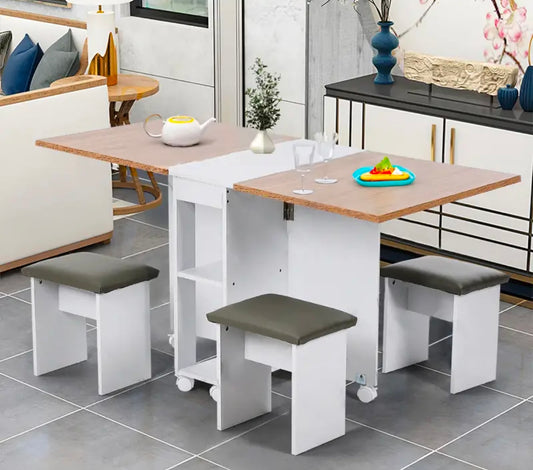 White Compact Folding Kitchen Rolling  Dining Table with Storage Drawers