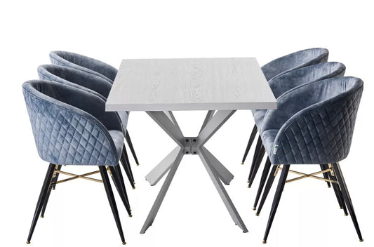 Oak White Dining Table and Set of 6  Tub / Bucket Blue Velvet Dining Chairs