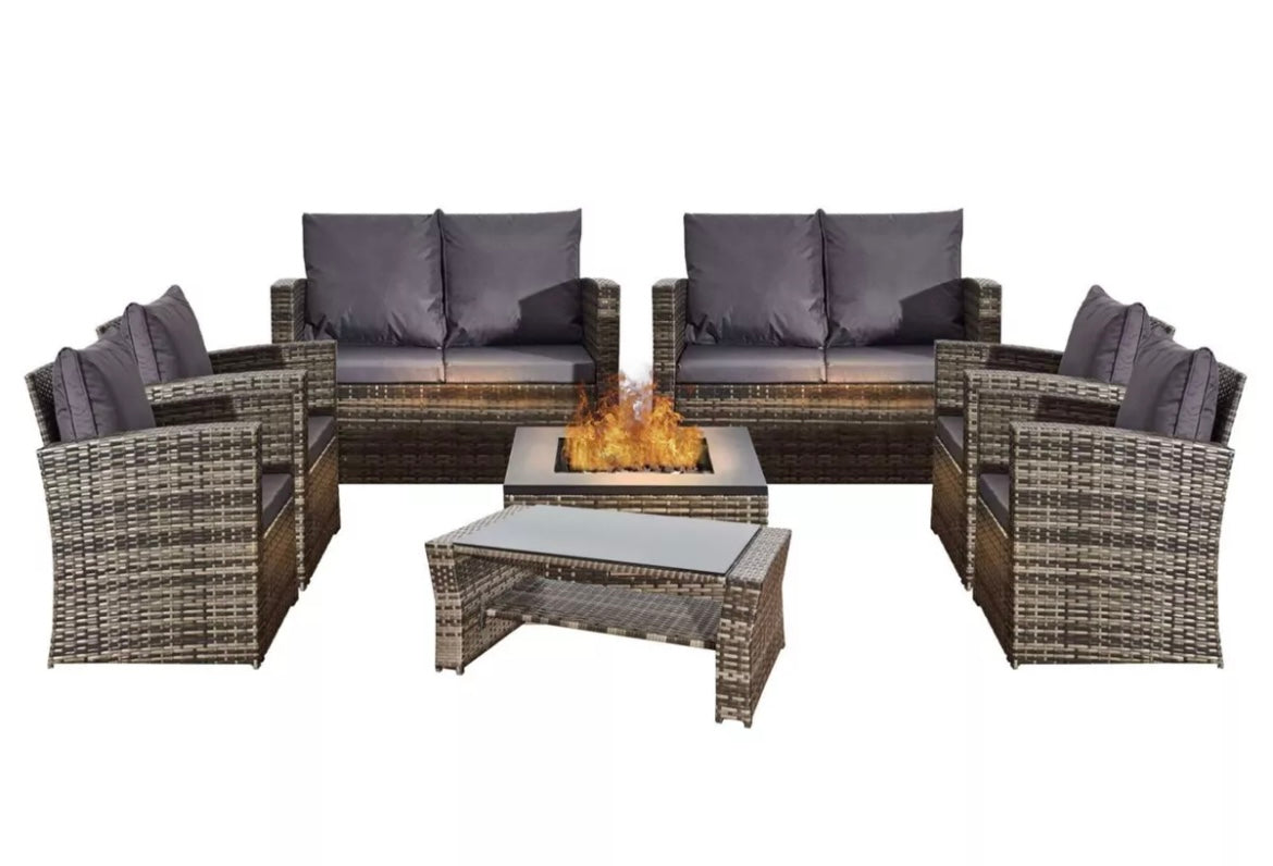 Cotswolds Large 8-Piece Rattan Patio GardenFurniture Set with Fire Pit