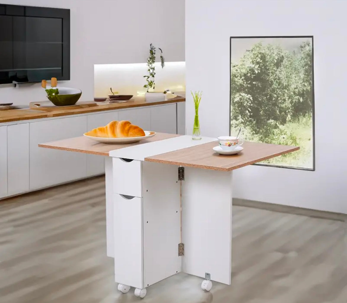 White Compact Folding Kitchen Rolling  Dining Table with Storage Drawers